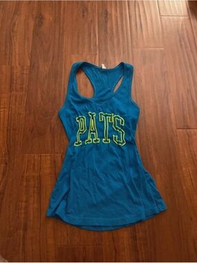 Y2K 2000s vintage Teal Racerback Tank with Neon Yellow 'PATS' (Aero for exposure
